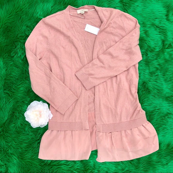 LOFT Sweaters - LOFT Pink blush satin trim open cardigan